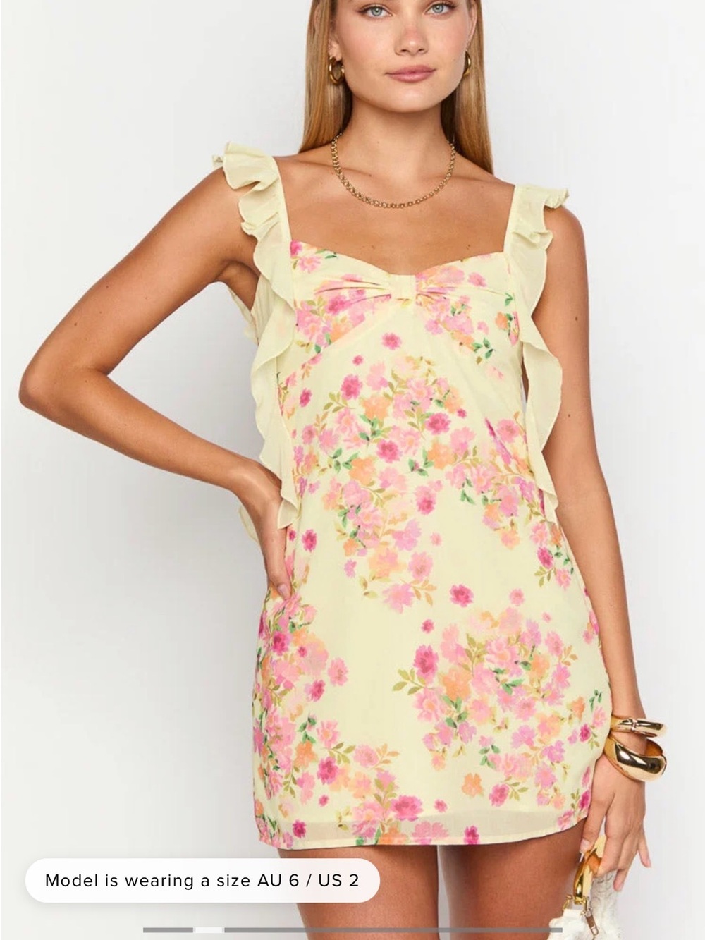 Beginnings Boutique “Joyce Yellow Bloom Chiffon” Mini Dress Size 16